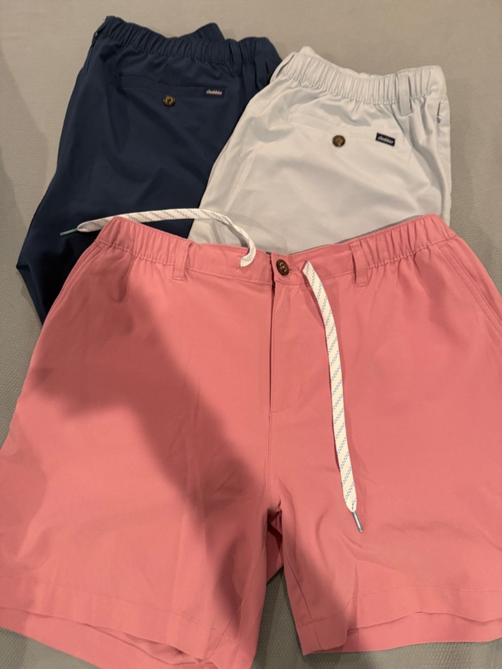 Chubbies Three-Pack Regular Elastic Drawstring Shorts — Pink, Light Blue, Navy